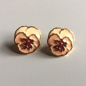 Vintage Enamel Pansy Flower Post Earrings Gold Tone